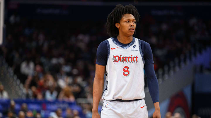 Mar 31, 2025; Washington, District of Columbia, USA; Washington Wizards guard Bub Carrington (8) looks on during the third quarter against the Miami Heat at Capital One Arena. Mandatory Credit: Reggie Hildred-Imagn Images