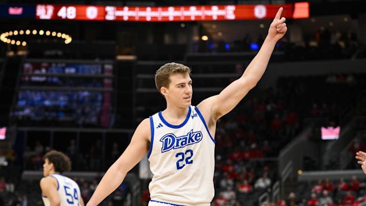 Mar 9, 2025; St. Louis, Missouri, USA;  Drake Bulldogs guard Mitch Mascari (22) reacts during the second half of the Missouri Valley Conference Tournament Championship against the Bradley Braves at Enterprise Center. Mandatory Credit: Jeff Curry-Imagn Images