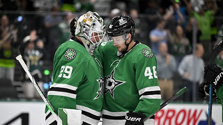 Oct 12, 2024; Dallas, Texas, USA; Dallas Stars goaltender Jake Oettinger (29) and defenseman Ilya Lyubushkin (46) celebrate on the ice after the Stars defeat the New York Islanders at the American Airlines Center. Mandatory Credit: Jerome Miron-Imagn Images