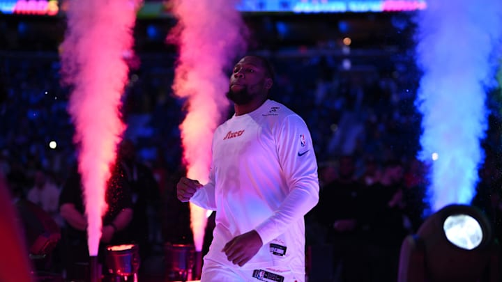 Apr 5, 2025; Philadelphia, Pennsylvania, USA; Philadelphia 76ers forward Guerschon Yabusele (28) is introduced before the game against the Minnesota Timberwolves at Wells Fargo Center. Mandatory Credit: Kyle Ross-Imagn Images