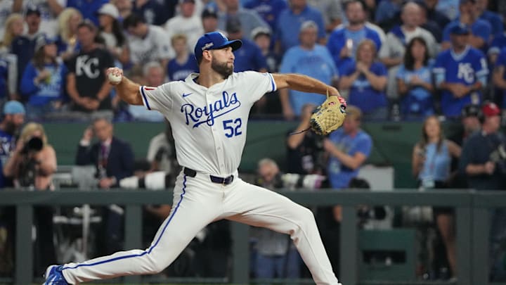 Oct 10, 2024; Kansas City, Missouri, USA; Kansas City Royals pitcher Michael Wacha (52) throws during the first inning against the New York Yankees during game four of the ALDS for the 2024 MLB Playoffs at Kauffman Stadium. Mandatory Credit: Denny Medley-Imagn Images
