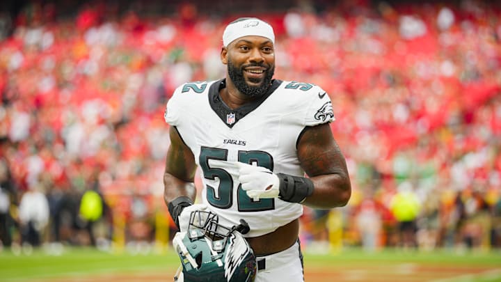 Sep 14, 2025; Kansas City, Missouri, USA; Philadelphia Eagles defensive end Za'Darius Smith (52) prior to a game against the Kansas City Chiefs at GEHA Field at Arrowhead Stadium. Mandatory Credit: Jay Biggerstaff-Imagn Images