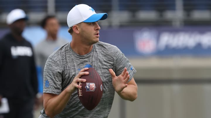 Jul 31, 2025; Canton, Ohio, USA;  Detroit Lions quarterback Jared Goff (16) warms up before the game against the Los Angeles Chargers at Tom Benson Hall of Fame Stadium. Mandatory Credit: Charles LeClaire-Imagn Images