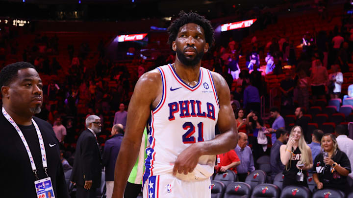 Nov 18, 2024; Miami, Florida, USA; Philadelphia 76ers center Joel Embiid (21) looks on after the game against the Miami Heat at Kaseya Center. Mandatory Credit: Sam Navarro-Imagn Images Nov 18, 2024; Miami, Florida, USA; Philadelphia 76ers center Joel Embiid (21) looks on after the game against the Miami Heat at Kaseya Center. Mandatory Credit: Sam Navarro-Imagn Images