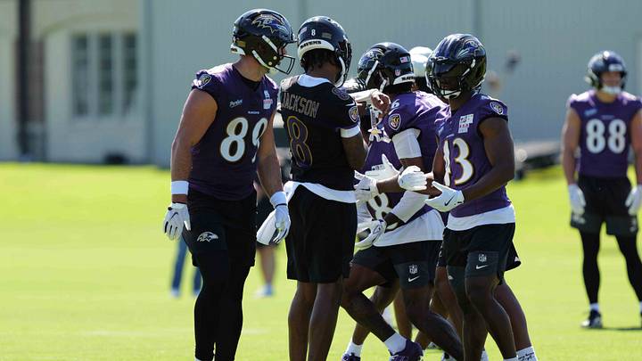 Jul 30, 2026; Owings Mills, MD, USA; Baltimore Ravens quarterback Lamar Jackson (8) calls plays during practice at Under Armour Peformance Center. Mandatory Credit: Mitch Stringer-Imagn Images