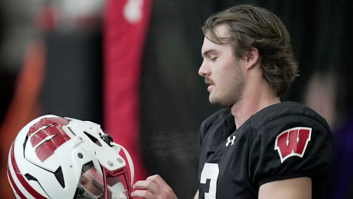 Wisconsin quarterback Carter Smith (3) is shown during spring football practice Thursday, April 3, 2025 in Madison, Wisconsin. Mark Hoffman/Milwaukee Journal Sentinel