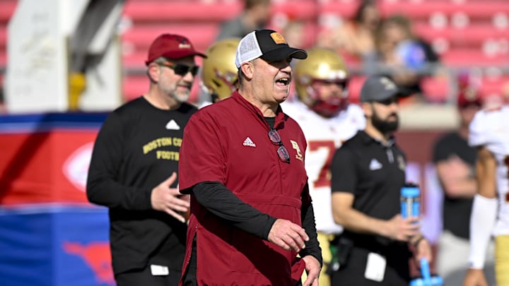 Nov 16, 2024; Dallas, Texas, USA; Boston College Eagles head coach Bill O'Brien looks on before the game between the SMU Mustangs and the Boston College Eagles at the Gerald J. Ford Stadium. Mandatory Credit: Jerome Miron-Imagn Images Nov 16, 2024; Dallas, Texas, USA; Boston College Eagles head coach Bill O'Brien looks on before the game between the SMU Mustangs and the Boston College Eagles at the Gerald J. Ford Stadium. Mandatory Credit: Jerome Miron-Imagn Images