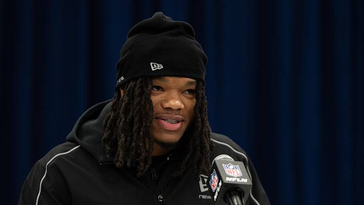 Feb 27, 2026; Indianapolis, IN, USA; LSU wideout Zavion Thomas (WO38) speaks to members of the media during the NFL Combine at the Indiana Convention Center. Mandatory Credit: Jacob Musselman-Imagn Images