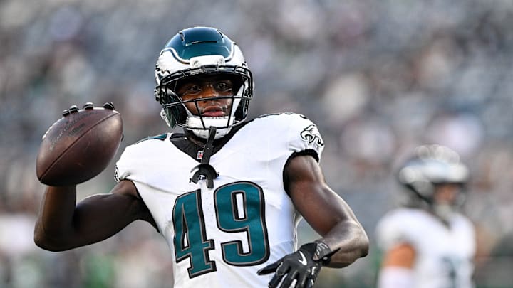 Aug 22, 2025; East Rutherford, New Jersey, USA; Philadelphia Eagles cornerback Jakorian Bennett (49) warms up before the game against the New York Jets at MetLife Stadium. Mandatory Credit: Mark Smith-Imagn Images Aug 22, 2025; East Rutherford, New Jersey, USA; Philadelphia Eagles cornerback Jakorian Bennett (49) warms up before the game against the New York Jets at MetLife Stadium. Mandatory Credit: Mark Smith-Imagn Images