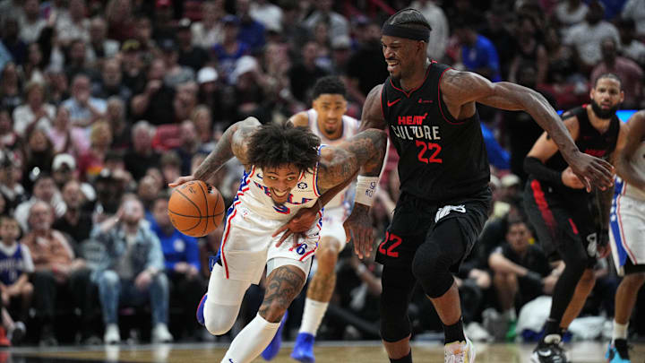 Apr 4, 2024; Miami, Florida, USA;  Philadelphia 76ers guard Kelly Oubre Jr. (9) picks up a loose