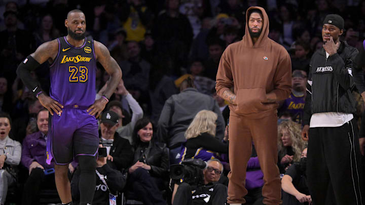Jan 2, 2025; Los Angeles, California, USA;   Los Angeles Lakers forward LeBron James (23), center Anthony Davis (3) and forward Jarred Vanderbilt (2) look on in the fourth quarter against the Portland Trail Blazers at Crypto.com Arena. Mandatory Credit: Jayne Kamin-Oncea-Imagn Images