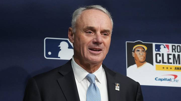 Oct 27, 2025; Los Angeles, California, USA; Major League Baseball commissioner Rob Manfred before game three of the 2025 MLB World Series between the Toronto Blue Jays and Los Angeles Dodgers at Dodger Stadium. Mandatory Credit: Kirby Lee-Imagn Images Oct 27, 2025; Los Angeles, California, USA; Major League Baseball commissioner Rob Manfred before game three of the 2025 MLB World Series between the Toronto Blue Jays and Los Angeles Dodgers at Dodger Stadium. Mandatory Credit: Kirby Lee-Imagn Images