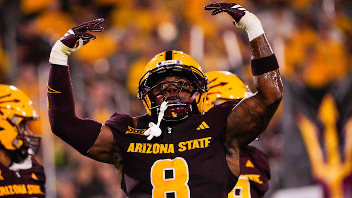 Aug 30, 2025; Tempe, Arizona, USA; Arizona State Sun Devils linebacker Jordan Crook (8) celebrates during the third quarter of the game between Arizona State Sun Devils and Northern Arizona Lumberjacks at Mountain America Stadium. Mandatory Credit: Arianna Grainey-Imagn Images