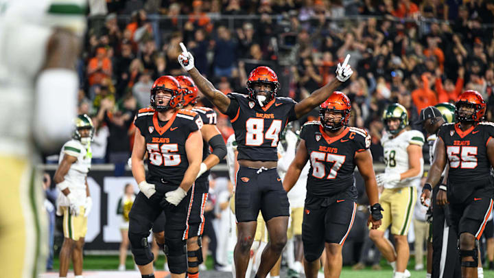 Oct 5, 2024; Corvallis, Oregon, USA; Oregon State Beavers tight end Jermaine Terry II (84) catches a pass for a two-point conversion against the Colorado State Rams in the second overtime at Reser Stadium.  