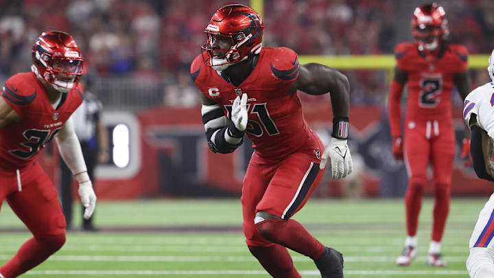 Nov 20, 2025; Houston, Texas, USA; Houston Texans defensive end Will Anderson Jr. (51) in action during the game against the Buffalo Bills at NRG Stadium. Mandatory Credit: Troy Taormina-Imagn Images
