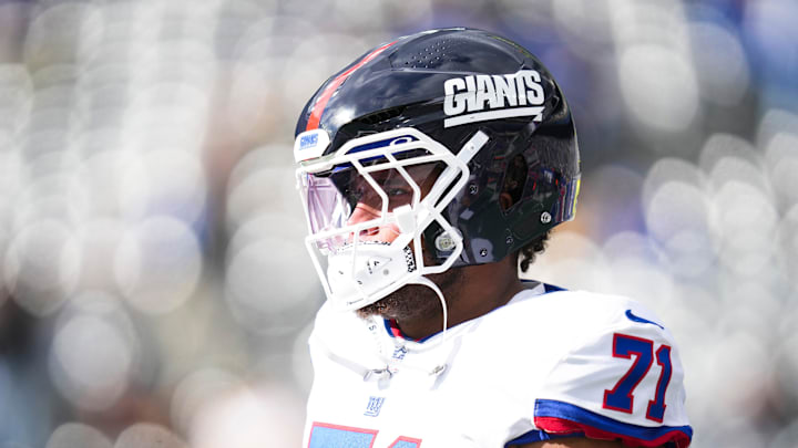 New York Giants guard Marcus Mbow (71) warms up before a game against the Green Bay Packers at MetLife Stadium, Nov 16, 2025, East Rutherford, NJ, USA.