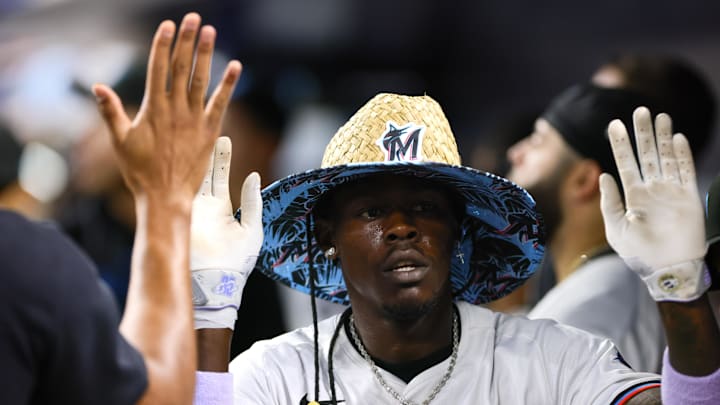 Apr 29, 2024; Miami, Florida, USA; Miami Marlins center fielder Jazz Chisholm Jr. (2) celebrates