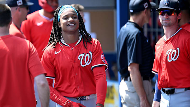 Mar 13, 2025; Port Charlotte, Florida, USA;  Washington Nationals shortstop CJ Abrams (5) prepares for the start of the game against the Tampa Bays Rays during spring training at Charlotte Sports Park.
