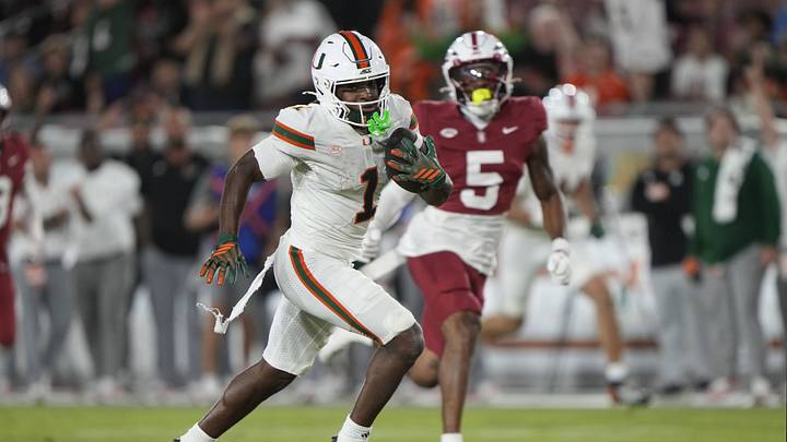 Sep 4, 2026; Stanford, California, USA; Miami Hurricanes wide receiver Malachi Toney (1) runs after the catch for a touchdown against the Stanford Cardinal during the third quarter at Stanford Stadium. Mandatory Credit: Stan Szeto-Imagn Images Sep 4, 2026; Stanford, California, USA; Miami Hurricanes wide receiver Malachi Toney (1) runs after the catch for a touchdown against the Stanford Cardinal during the third quarter at Stanford Stadium. Mandatory Credit: Stan Szeto-Imagn Images