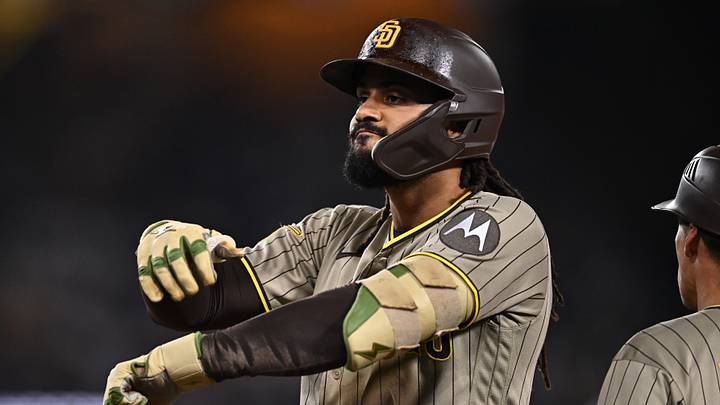Sep 24, 2026; Los Angeles, California, USA; San Diego Padres right fielder Fernando Tatis Jr. (23) gestures after hitting an RBI single during the seventh inning against the Los Angeles Dodgers at Dodger Stadium. Mandatory Credit: William Liang-Imagn Images Sep 24, 2026; Los Angeles, California, USA; San Diego Padres right fielder Fernando Tatis Jr. (23) gestures after hitting an RBI single during the seventh inning against the Los Angeles Dodgers at Dodger Stadium. Mandatory Credit: William Liang-Imagn Images