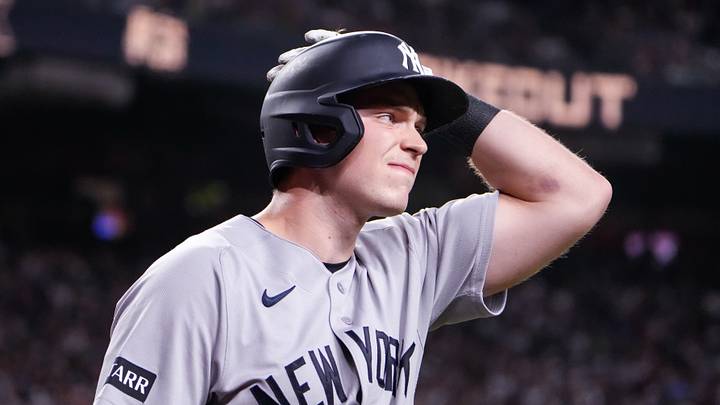 New York Yankees designated hitter Ben Rice (22) reacts to striking out during the third inning against the Arizona Diamondbacks at Chase Field. New York Yankees designated hitter Ben Rice (22) reacts to striking out during the third inning against the Arizona Diamondbacks at Chase Field.