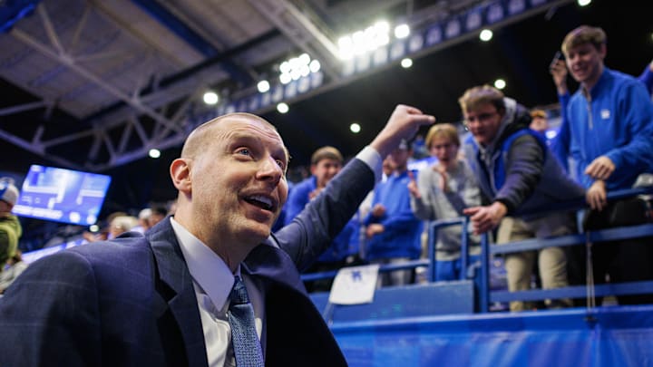 Jan 4, 2025; Lexington, Kentucky, USA; Kentucky Wildcats head coach Mark Pope walks off the court after winning the game against the Florida Gators at Rupp Arena at Central Bank Center. Mandatory Credit: Jordan Prather-Imagn Images