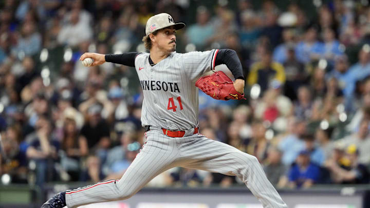 May 16, 2025; Milwaukee, Wisconsin, USA;  Minnesota Twins pitcher Joe Ryan (41) throws a pitch during the first inning against the Milwaukee Brewers at American Family Field. Mandatory Credit: Jeff Hanisch-Imagn Images