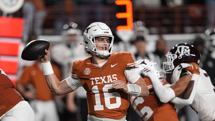 Nov 28, 2025; Austin, Texas, USA; Texas Longhorns quarterback Arch Manning throws a pass during the first half against the Texas A&M Aggies at Darrell K Royal-Texas Memorial Stadium. Mandatory Credit: Scott Wachter-Imagn Images