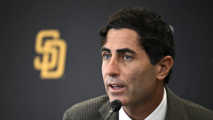 Nov 21, 2023; San Diego, CA, USA; San Diego Padres president of baseball operations and general manager A.J. Preller speaks to the media during a press conference announcing the hiring of manager Mike Shildt (not pictured) at Petco Park. 