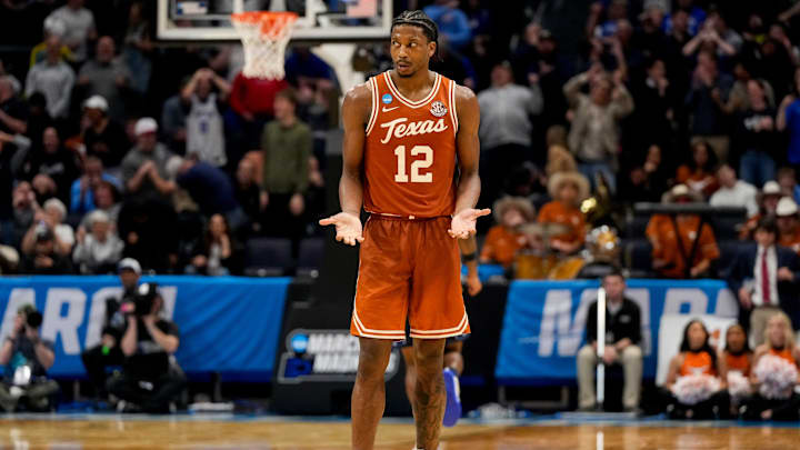 Texas Longhorns guard Tramon Mark (12) reacts in the second half of the NCAA Tournament First Four game between the Xavier Musketeers and the Texas Longhorns.