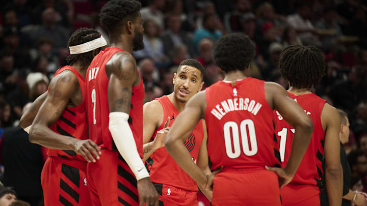 Oct 27, 2023; Portland, Oregon, USA; Portland Trail Blazers guard Malcolm Brogdon (11) talks to his teammates during a time out during the second half against the Orlando Magic at Moda Center. Mandatory Credit: Troy Wayrynen-USA TODAY Sports