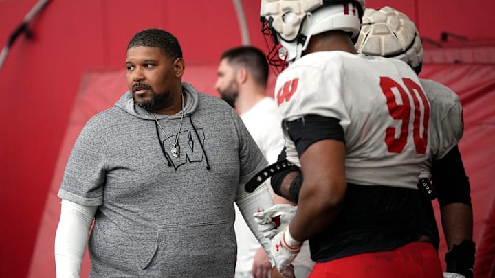 Wisconsin defensive line coach E.J. Whitlow is shown during spring football practice Thursday, April 25, 2024 in Madison, Wisconsin. The Wisconsin Badgers football team plays their season opener against Western Michigan on August 31.