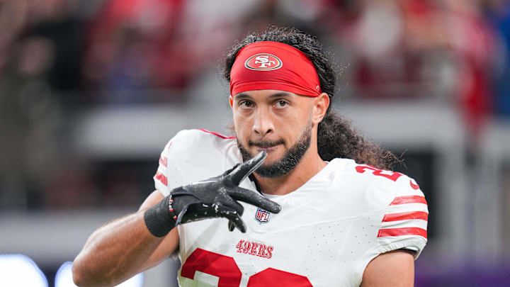 Oct 23, 2023; Minneapolis, Minnesota, USA; San Francisco 49ers safety Talanoa Hufanga (29) before the game against the Minnesota Vikings at U.S. Bank Stadium. Mandatory Credit: Brad Rempel-Imagn Images