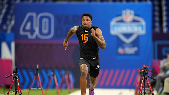 Mar 1, 2025; Indianapolis, IN, USA; Texas wideout Matthew Golden (WO16) during the 2025 NFL Combine at Lucas Oil Stadium.  