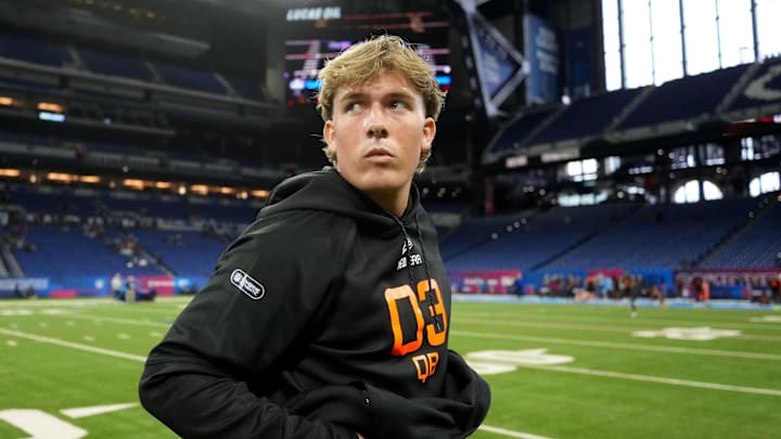 Mar 1, 2025; Indianapolis, IN, USA; Mississippi quarterback Jaxson Dart (QB03) during the 2025 NFL Combine at Lucas Oil Stadium. Mandatory Credit: Kirby Lee-Imagn Images Mar 1, 2025; Indianapolis, IN, USA; Mississippi quarterback Jaxson Dart (QB03) during the 2025 NFL Combine at Lucas Oil Stadium. Mandatory Credit: Kirby Lee-Imagn Images