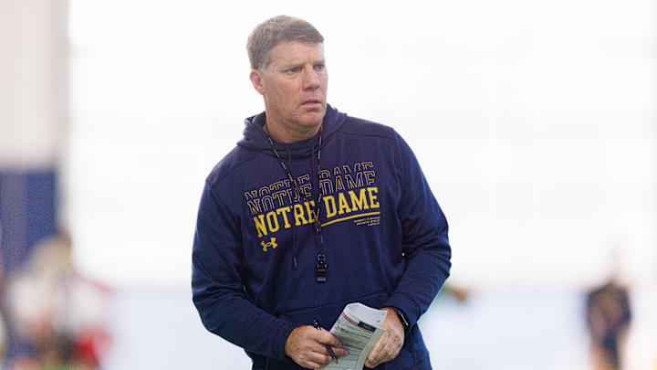 Notre Dame defensive coordinator Chris Ash during a Notre Dame football spring practice at Irish Athletic Center on Wednesday, March 26, 2025, in South Bend.