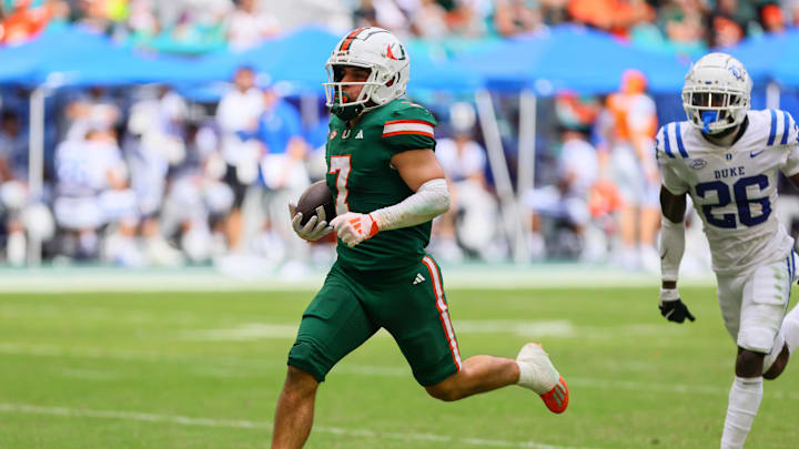 Miami Hurricanes wide receiver Xavier Restrepo runs with the football for a touchdown against the Duke Blue Devils. Mandatory Credit: Sam Navarro-Imagn Images