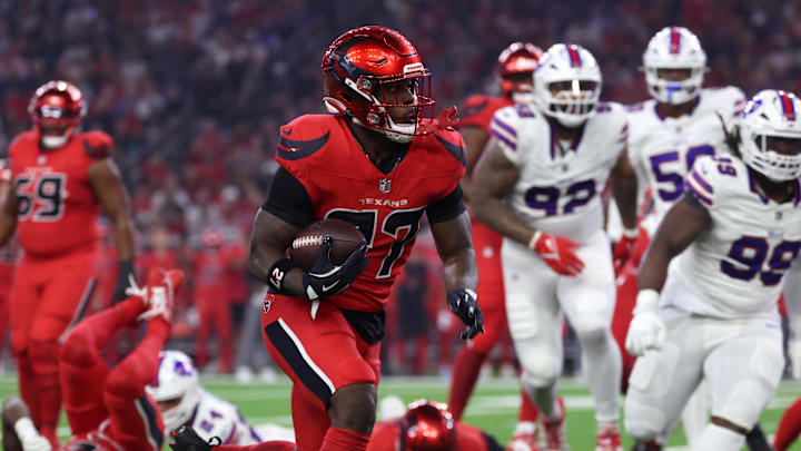 Nov 20, 2025; Houston, Texas, USA; Houston Texans running back Woody Marks (27) runs against the Buffalo Bills in the first quarter at NRG Stadium. 