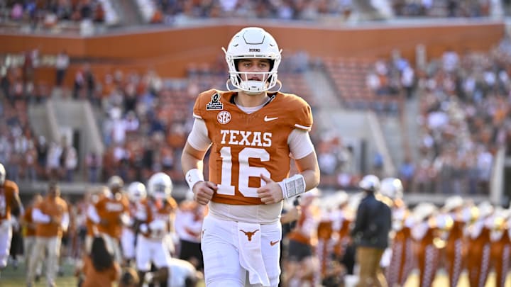 Dec 21, 2024; Austin, Texas, USA; Texas Longhorns quarterback Arch Manning (16) takes the field before the game between the Texas Longhorns and the Clemson Tigers in the CFP National Playoff First Round at Darrell K Royal-Texas Memorial Stadium. Mandatory Credit: Jerome Miron-Imagn Images