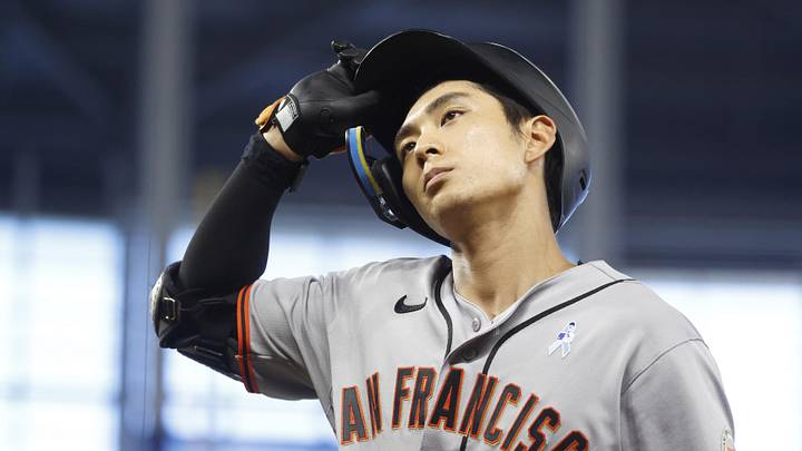 Miami, Florida, USA;  San Francisco Giants center fielder Jung Hoo Lee (51) reacts to flying out against the Miami Marlins during the sixth inning at loanDepot Park. Mandatory Credit: Rhona Wise-Imagn Images