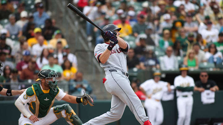 May 3, 2026; West Sacramento, California, USA; Cleveland Guardians right fielder Chase DeLauter (24) hits a solo home run during the fifth inning against the Athletics at Sutter Health Park. Mandatory Credit: Scott Marshall-Imagn Images