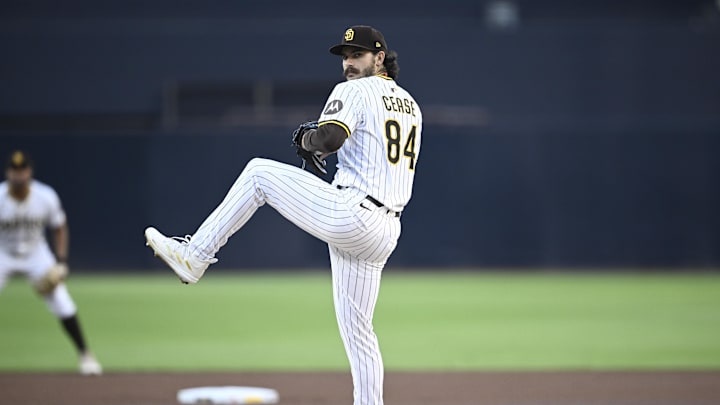 Jul 28, 2025; San Diego, California, USA; San Diego Padres starting pitcher Dylan Cease (84) delivers during the first inning against the New York Mets at Petco Park. Mandatory Credit: Denis Poroy-Imagn Images