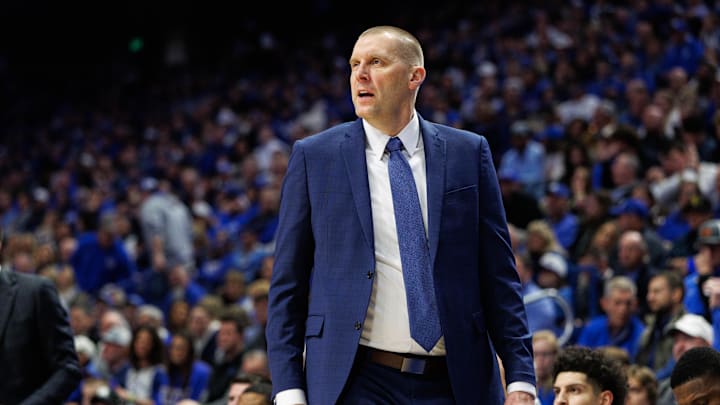 Jan 14, 2025; Lexington, Kentucky, USA; Kentucky Wildcats head coach Mark Pope looks on during the first half against the Texas A&M Aggies at Rupp Arena at Central Bank Center. Mandatory Credit: Jordan Prather-Imagn Images
