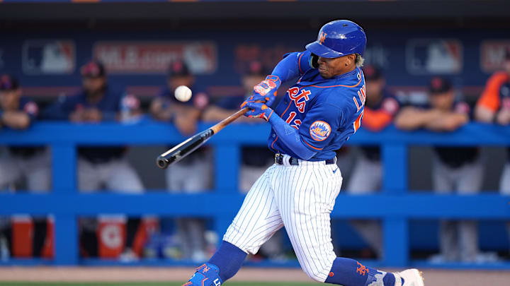 Mar 22, 2022; Port St. Lucie, Florida, USA; New York Mets shortstop Francisco Lindor (12) flies out