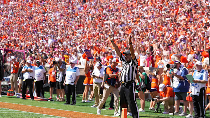 Sep 23, 2023; Clemson, South Carolina, USA; A general view of an official signaling a touchdown during a game with Clemson Tigers and Florida State Seminoles at Memorial Stadium.