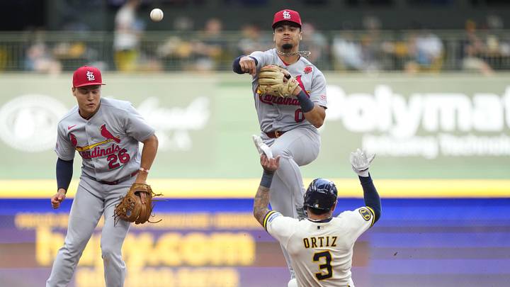 May 25, 2026; Milwaukee, Wisconsin, USA; St. Louis Cardinals shortstop Masyn Winn (0) attempts to turn a double play as Milwaukee Brewers shortstop Joey Ortiz (3) slides into second base during the fifth inning at American Family Field. Mandatory Credit: Jeff Hanisch-Imagn Images May 25, 2026; Milwaukee, Wisconsin, USA; St. Louis Cardinals shortstop Masyn Winn (0) attempts to turn a double play as Milwaukee Brewers shortstop Joey Ortiz (3) slides into second base during the fifth inning at American Family Field. Mandatory Credit: Jeff Hanisch-Imagn Images