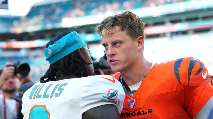 Oct 11, 2026; Miami Gardens, Florida, USA; Cincinnati Bengals quarterback Joe Burrow (9) hugs Miami Dolphins quarterback Malik Willis (2) after the game at Hard Rock Stadium. Mandatory Credit: Rich Storry-Imagn Images Oct 11, 2026; Miami Gardens, Florida, USA; Cincinnati Bengals quarterback Joe Burrow (9) hugs Miami Dolphins quarterback Malik Willis (2) after the game at Hard Rock Stadium. Mandatory Credit: Rich Storry-Imagn Images