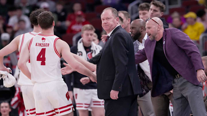 Wisconsin head coach Greg Gard is shown during the first half of their third round game of the Big Ten tournament against Washington Thursday, March 12, 2026 at the United Center in Chicago, Illinois.