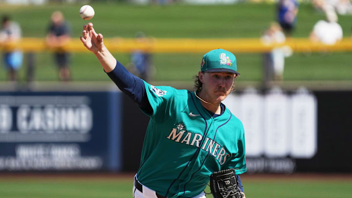 Feb 26, 2026; Peoria, Arizona, USA; Seattle Mariners pitcher Bryce Miller (50) throws a pitch against the Cleveland Guardians in the first inning at Peoria Sports Complex. Mandatory Credit: Rick Scuteri-Imagn Images Feb 26, 2026; Peoria, Arizona, USA; Seattle Mariners pitcher Bryce Miller (50) throws a pitch against the Cleveland Guardians in the first inning at Peoria Sports Complex. Mandatory Credit: Rick Scuteri-Imagn Images