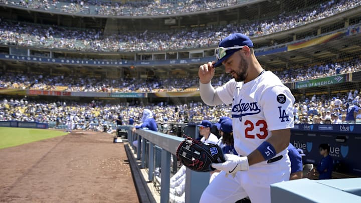 Jul 6, 2025; Los Angeles, California, USA;  Los Angeles Dodgers left fielder Michael Conforto (23) enters the field for the fourth inning against the Houston Astros at Dodger Stadium. Mandatory Credit: Jayne Kamin-Oncea-Imagn Images